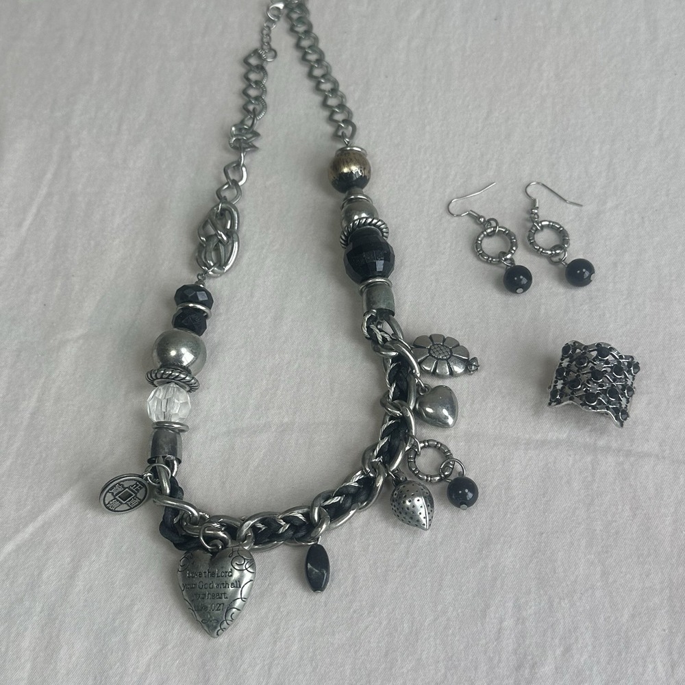 Charm necklace by Paparazzi silver tone & black 20'' long, Earrings And Ring Set